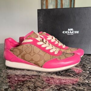 Coach Women's Sneakers in Pink suede and Brown canvas 7.5